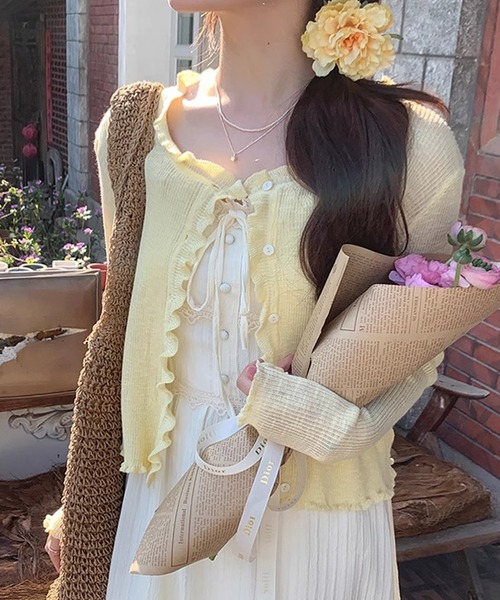 HALEY PESCA(ヘーリーペスカ)の「HALEY PESCA/パステルカラー メロウフリル シアーリブカーディガン(カーディガン/ボレロ・レディース・ピンク/ライトブルー/ブラック/イエロー/グリーン/ホワイト・FREE)」の5枚目の写真