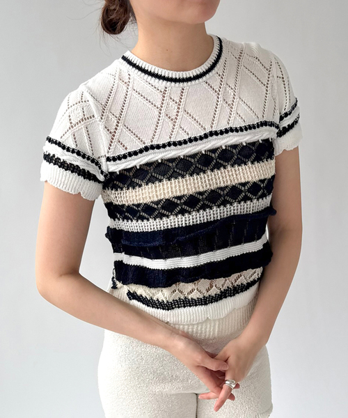 ODAKHA(オダカ)の「【ODAKHA / オダカ】crazy short knit basque(ニット/セーター・レディース・ホワイト/ブラック・FREE)」の1枚目の写真