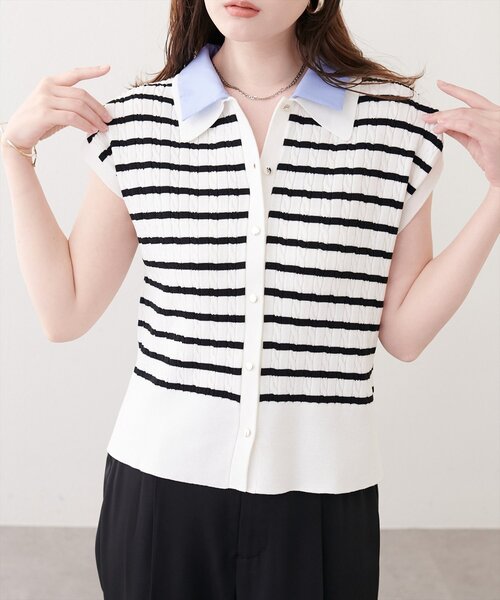 natural couture(ナチュラルクチュール)の「衿付きケーブルノースリカーデ風TOPS(ニット/セーター・レディース・その他1/オフホワイト/ネイビー/ピンク/グレイッシュベージュ/ライトグレー・FREE)」の7枚目の写真