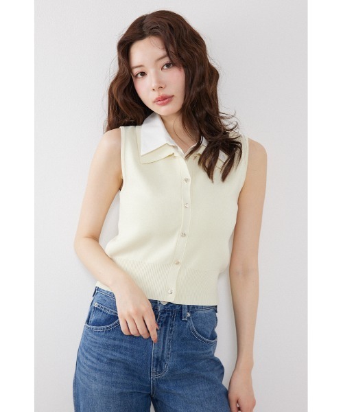 rienda(リエンダ)の「シャツレイヤードライクニットベスト 夏服(ニット/セーター・レディース・ブラック/グレー/ライトイエロー/ブルー・FREE)」の4枚目の写真