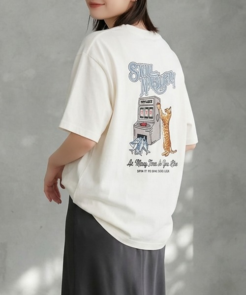 POWER TO THE PEOPLE（パワートゥーザピープル）の「【POWER TO THE PEOPLE】レトロテイスト ネコグラフィック刺繍クルーネックTシャツ / アニマル刺繍リンガーTシャツ（Tシャツ/カットソー・レディース・パープル系1/パープル系2/ホワイト系1/ブラック系1/ホワイト系2/ブラック系2・MEDIUM/LARGE/X-LARGE）」の2枚目の写真