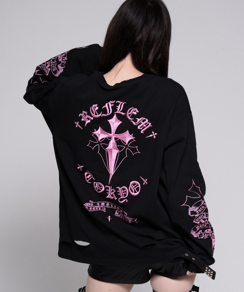 REFLEM(レフレム)の「REFLEM/レフレム』クロス刺繍L/S Tee/ロングスリーブカットソー(Tシャツ/カットソー・レディース・ブラック×ピンク/ブラック×ホワイト/グレー/ホワイト×ブラック・FREE)」の4枚目の写真