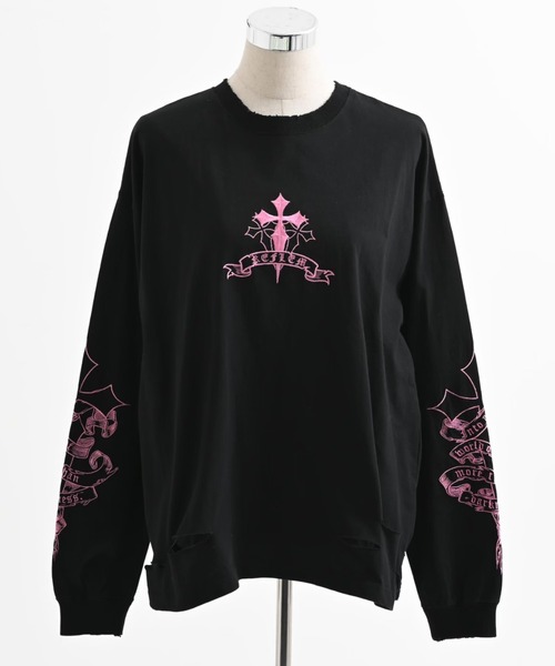 REFLEM(レフレム)の「REFLEM/レフレム』クロス刺繍L/S Tee/ロングスリーブカットソー(Tシャツ/カットソー・レディース・ブラック×ピンク/ブラック×ホワイト/グレー/ホワイト×ブラック・FREE)」の6枚目の写真