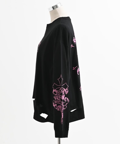 REFLEM(レフレム)の「REFLEM/レフレム』クロス刺繍L/S Tee/ロングスリーブカットソー(Tシャツ/カットソー・レディース・ブラック×ピンク/ブラック×ホワイト/グレー/ホワイト×ブラック・FREE)」の7枚目の写真