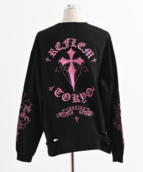 REFLEM(レフレム)の「REFLEM/レフレム』クロス刺繍L/S Tee/ロングスリーブカットソー(Tシャツ/カットソー・レディース・ブラック×ピンク/ブラック×ホワイト/グレー/ホワイト×ブラック・FREE)」の8枚目の写真