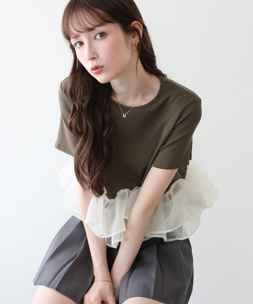 BLUEEAST(ブルーイースト)の「《新色追加》ドッキングペプラムカットトップス(Tシャツ/カットソー・レディース・ミント/ブラック/ホワイト/ブラウン・MEDIUM)」の4枚目の写真
