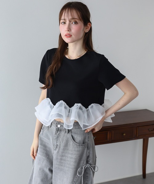 BLUEEAST(ブルーイースト)の「《新色追加》ドッキングペプラムカットトップス(Tシャツ/カットソー・レディース・ミント/ブラック/ホワイト/ブラウン・MEDIUM)」の3枚目の写真