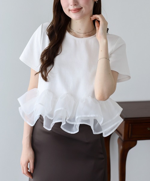 BLUEEAST(ブルーイースト)の「《新色追加》ドッキングペプラムカットトップス(Tシャツ/カットソー・レディース・ミント/ブラック/ホワイト/ブラウン・MEDIUM)」の6枚目の写真