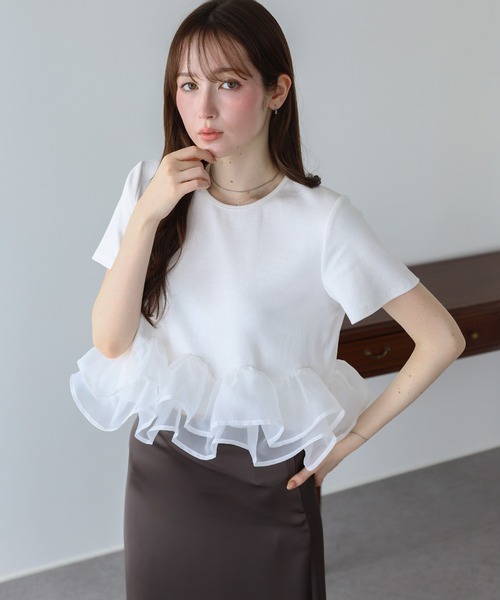 BLUEEAST(ブルーイースト)の「《新色追加》ドッキングペプラムカットトップス(Tシャツ/カットソー・レディース・ミント/ブラック/ホワイト/ブラウン・MEDIUM)」の5枚目の写真