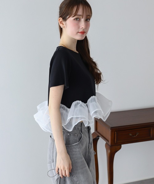 BLUEEAST(ブルーイースト)の「《新色追加》ドッキングペプラムカットトップス(Tシャツ/カットソー・レディース・ミント/ブラック/ホワイト/ブラウン・MEDIUM)」の15枚目の写真