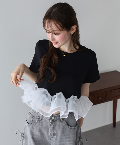 BLUEEAST(ブルーイースト)の「《新色追加》ドッキングペプラムカットトップス(Tシャツ/カットソー・レディース・ミント/ブラック/ホワイト/ブラウン・MEDIUM)」の11枚目の写真