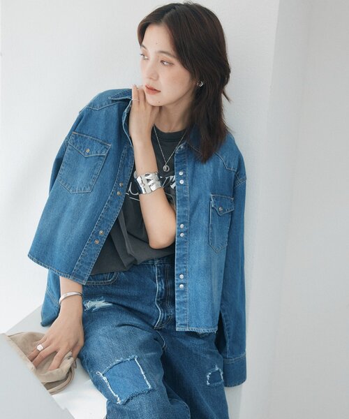 RIVE DROITE（リヴドロワ）の「予約【A・MONN】【ショート丈/羽織に】ウエスタンデニムシャツ（シャツ/ブラウス・レディース・ブルー・FREE）」の4枚目の写真