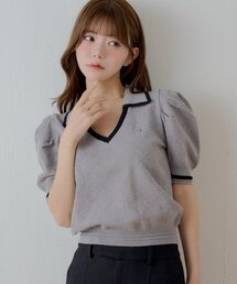 【SALON by Chico】Vネックポロ半袖ニット