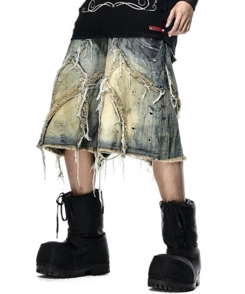 RICH(リッチ)の「【RICH】VAMP DIRT WASHED SHORT / 【RICH】ダーティーウォッシュアイレットダブルウエストダメージハーフパンツ(デニムパンツ・メンズ・ブルー・01/02)」の1枚目の写真