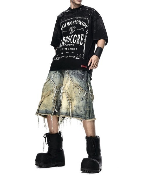 RICH(リッチ)の「【RICH】VAMP DIRT WASHED SHORT / 【RICH】ダーティーウォッシュアイレットダブルウエストダメージハーフパンツ(デニムパンツ・メンズ・ブルー・01/02)」の4枚目の写真