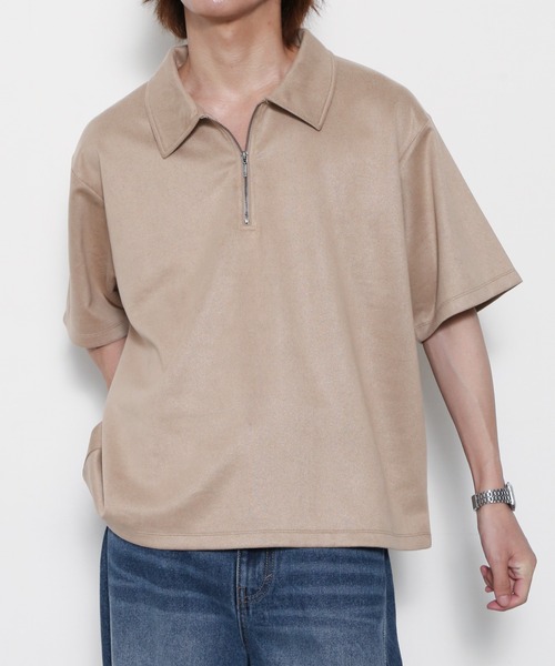 BROWNY（ブラウニー）の「BROWNY/【26年春夏新作】フェイクスウェードハーフZIPT（Tシャツ/カットソー・メンズ・ベージュ/チャコールグレー・MEDIUM/LARGE）」の5枚目の写真