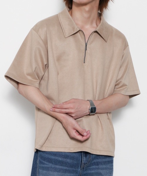 BROWNY（ブラウニー）の「BROWNY/【26年春夏新作】フェイクスウェードハーフZIPT（Tシャツ/カットソー・メンズ・ベージュ/チャコールグレー・MEDIUM/LARGE）」の6枚目の写真