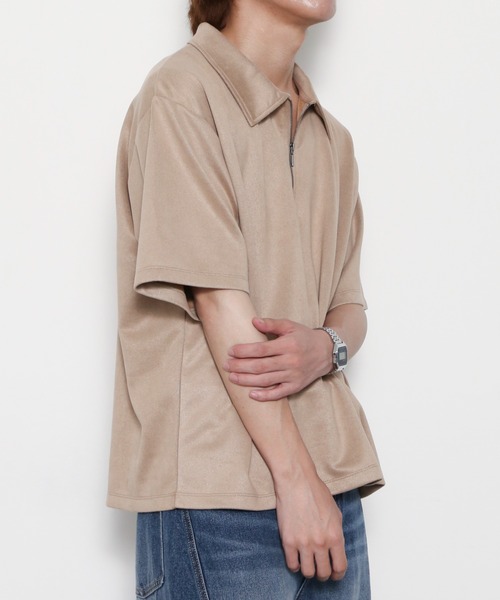 BROWNY（ブラウニー）の「BROWNY/【26年春夏新作】フェイクスウェードハーフZIPT（Tシャツ/カットソー・メンズ・ベージュ/チャコールグレー・MEDIUM/LARGE）」の7枚目の写真