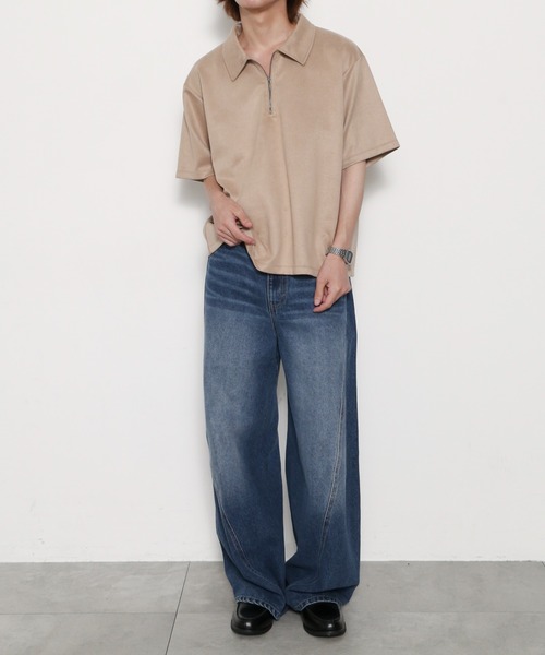 BROWNY（ブラウニー）の「BROWNY/【26年春夏新作】フェイクスウェードハーフZIPT（Tシャツ/カットソー・メンズ・ベージュ/チャコールグレー・MEDIUM/LARGE）」の9枚目の写真