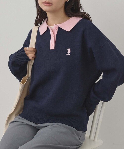 U.S. POLO ASSN.(ユーエスポロアッスン)の「U.S. POLO ASSN./ユーエスポロアッスン 別注 ロゴ刺繍 バイカラー ニットポロ(ニット/セーター・レディース・ネイビー/アイボリー/チャコールグレー/ライトグレー・M/L)」の4枚目の写真