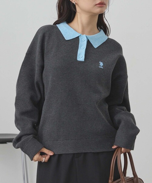 U.S. POLO ASSN.(ユーエスポロアッスン)の「U.S. POLO ASSN./ユーエスポロアッスン 別注 ロゴ刺繍 バイカラー ニットポロ(ニット/セーター・レディース・ネイビー/アイボリー/チャコールグレー/ライトグレー・M/L)」の6枚目の写真