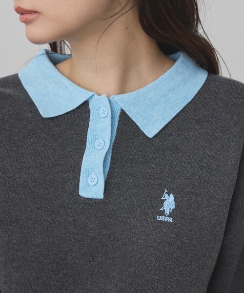 U.S. POLO ASSN.(ユーエスポロアッスン)の「U.S. POLO ASSN./ユーエスポロアッスン 別注 ロゴ刺繍 バイカラー ニットポロ(ニット/セーター・レディース・ネイビー/アイボリー/チャコールグレー/ライトグレー・M/L)」の8枚目の写真
