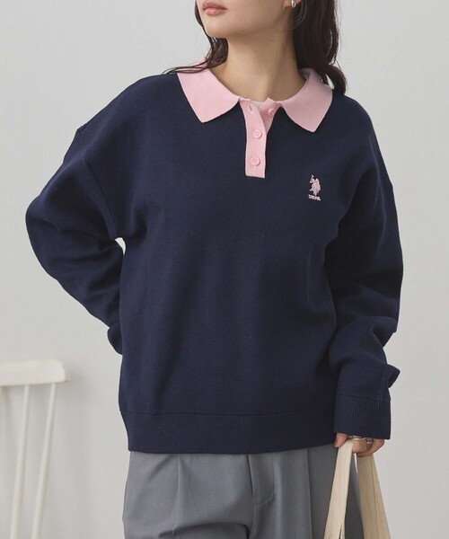 U.S. POLO ASSN.(ユーエスポロアッスン)の「U.S. POLO ASSN./ユーエスポロアッスン 別注 ロゴ刺繍 バイカラー ニットポロ(ニット/セーター・レディース・ネイビー/アイボリー/チャコールグレー/ライトグレー・M/L)」の12枚目の写真