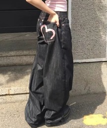 バックハートステッチ ワイドデニムパンツ