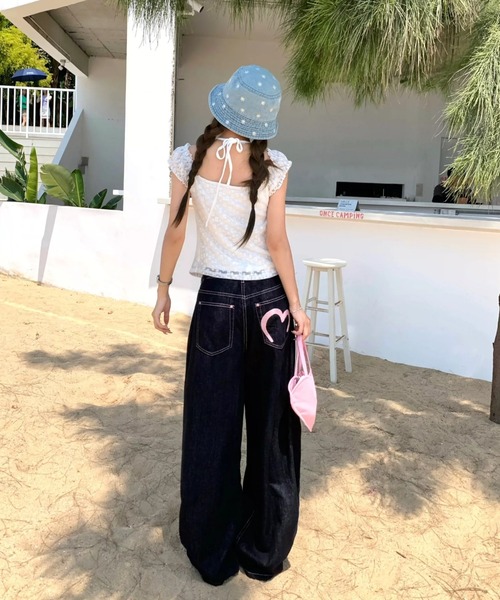 Teem Store(チームストア)の「バックハートステッチ ワイドデニムパンツ(デニムパンツ・レディース・ブラック・S/M/L)」の9枚目の写真