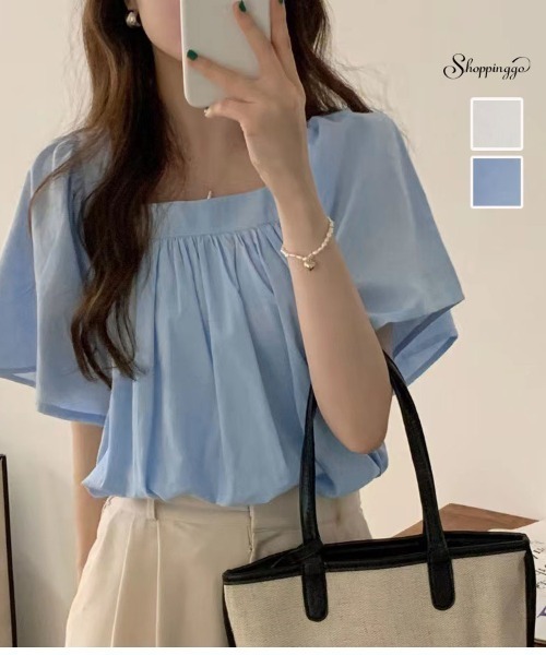 shoppinggo（ショッピングゴー）の「夏新作 フレンチ袖 ブラウス トップス 半袖 薄手 無地 Tシャツ 半袖トップス 半袖カットソー（シャツ/ブラウス・レディース・ブルー/ホワイト・M）」の3枚目の写真