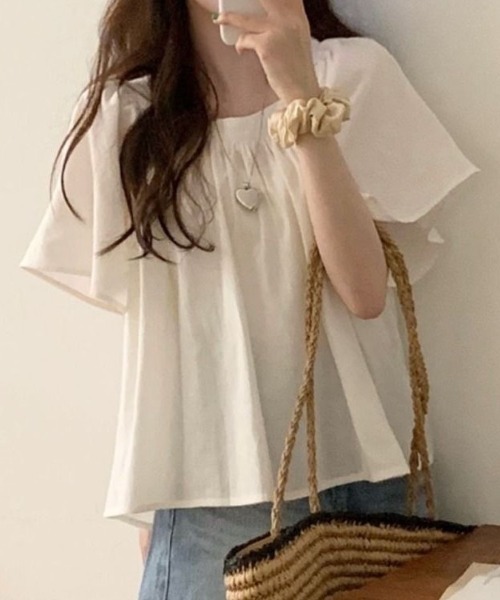 shoppinggo（ショッピングゴー）の「夏新作 フレンチ袖 ブラウス トップス 半袖 薄手 無地 Tシャツ 半袖トップス 半袖カットソー（シャツ/ブラウス・レディース・ブルー/ホワイト・M）」の12枚目の写真