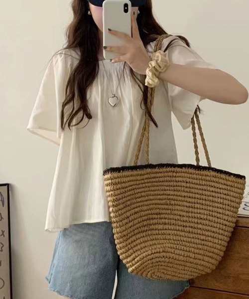 shoppinggo（ショッピングゴー）の「夏新作 フレンチ袖 ブラウス トップス 半袖 薄手 無地 Tシャツ 半袖トップス 半袖カットソー（シャツ/ブラウス・レディース・ブルー/ホワイト・M）」の13枚目の写真