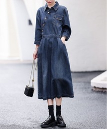 アシンメトリーボタンポケット付きデニムワンピース