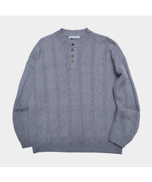 ケーブルヘンリーネックボタンポイントオーバーサイズロングスリーブデイリーニット _3COLOR
