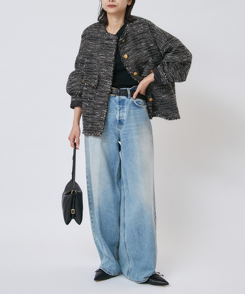 journal standard L'essage(ジャーナルスタンダードレサージュ)の「《追加》【一部店舗&WEB限定】GIOLICAツイードドルマンスリーブジャケット(ノーカラージャケット・レディース・ブラック×ブラック・FREE)」の2枚目の写真