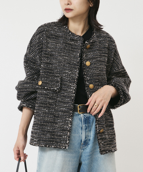 journal standard L'essage(ジャーナルスタンダードレサージュ)の「《追加》【一部店舗&WEB限定】GIOLICAツイードドルマンスリーブジャケット(ノーカラージャケット・レディース・ブラック×ブラック・FREE)」の3枚目の写真