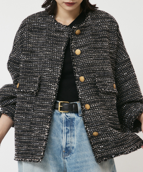 journal standard L'essage(ジャーナルスタンダードレサージュ)の「《追加》【一部店舗&WEB限定】GIOLICAツイードドルマンスリーブジャケット(ノーカラージャケット・レディース・ブラック×ブラック・FREE)」の4枚目の写真