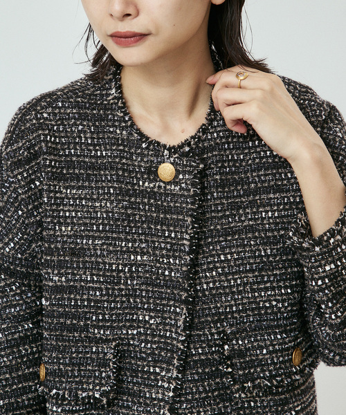 journal standard L'essage(ジャーナルスタンダードレサージュ)の「《追加》【一部店舗&WEB限定】GIOLICAツイードドルマンスリーブジャケット(ノーカラージャケット・レディース・ブラック×ブラック・FREE)」の6枚目の写真