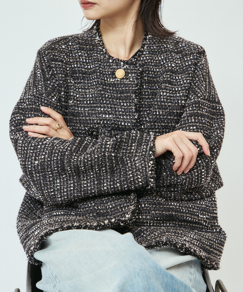 journal standard L'essage(ジャーナルスタンダードレサージュ)の「《追加》【一部店舗&WEB限定】GIOLICAツイードドルマンスリーブジャケット(ノーカラージャケット・レディース・ブラック×ブラック・FREE)」の7枚目の写真