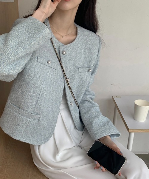 FAVORITO（ファヴォリート）の「ノーカラーツイードジャケット（ノーカラージャケット・レディース・ブルー/ベージュ・F）」の20枚目の写真