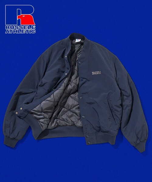 Russell Athletic(ラッセルアスレティック)の「RUSSELL ATHLETIC/ラッセルアスレティック 別注 ビックシルエット 中綿 キルティング ロゴ刺繍 ナイロンブルゾン スタジャン(ブルゾン・メンズ・ブラック/ネイビー・SMALL/LARGE/MEDIUM)」の2枚目の写真