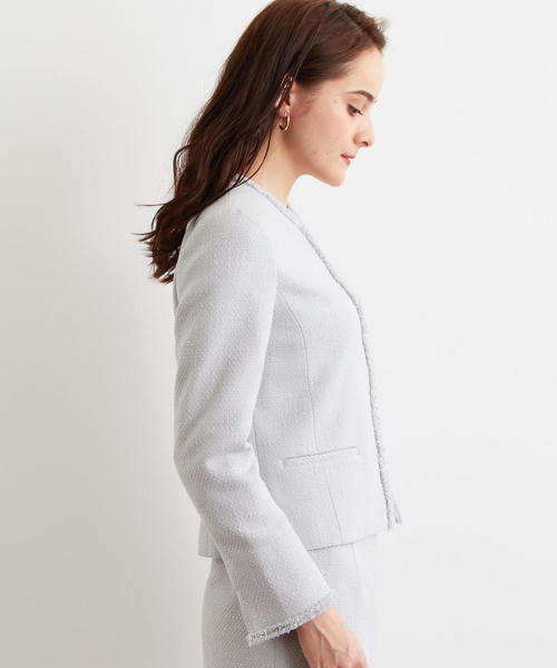 グレー ノーカラースーツジャケット　グリーンレーベルリラクシング　セットアップ グリーンレーベルリラクシング セットアップ スーツ ノーカラー