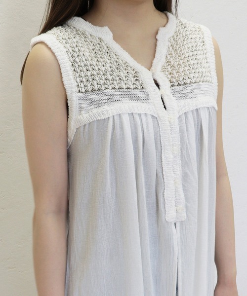 前開き ノースリーブ かぎ針 布帛切り替えジレワンピース ワンピース Emesuelee エメスーリー のファッション通販 Zozotown