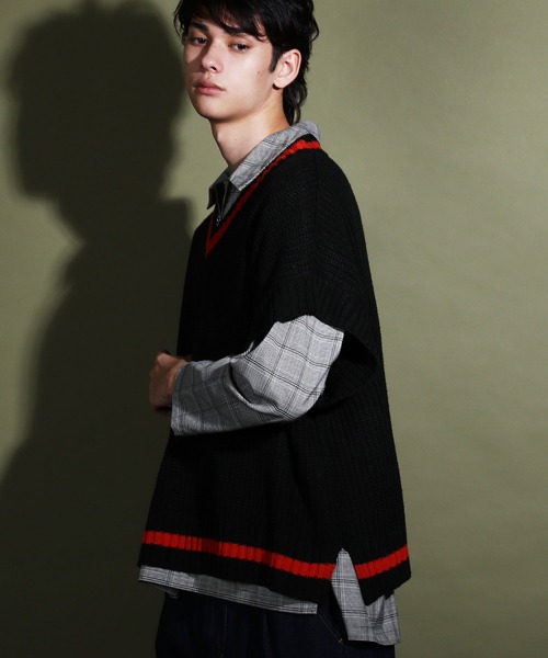 Air Tokyo（エアートウキョー）の「ビッグシルエット ローゲージ チルデンニットベスト 【ファッションインフルエンサーRyooo × AIR TOKYOコラボ】 オーバーサイズ Vネック（ベスト・メンズ・ブラック/ブラウン・M/L）」の5枚目の写真