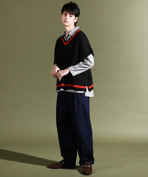 Air Tokyo（エアートウキョー）の「ビッグシルエット ローゲージ チルデンニットベスト 【ファッションインフルエンサーRyooo × AIR TOKYOコラボ】 オーバーサイズ Vネック（ベスト・メンズ・ブラック/ブラウン・M/L）」の6枚目の写真