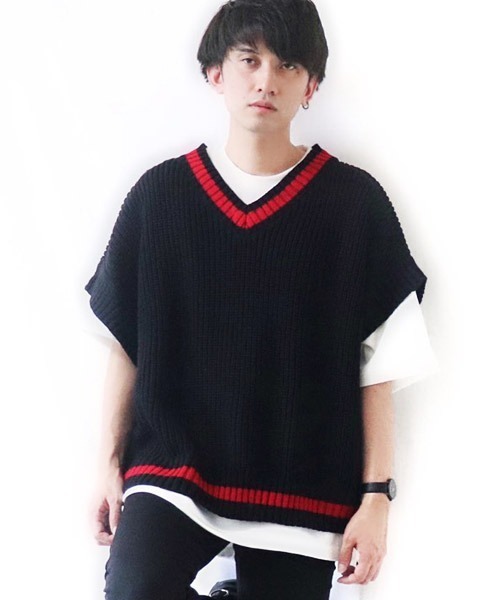 Air Tokyo（エアートウキョー）の「ビッグシルエット ローゲージ チルデンニットベスト 【ファッションインフルエンサーRyooo × AIR TOKYOコラボ】 オーバーサイズ Vネック（ベスト・メンズ・ブラック/ブラウン・M/L）」の8枚目の写真