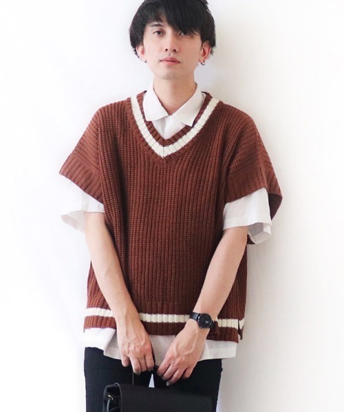 Air Tokyo（エアートウキョー）の「ビッグシルエット ローゲージ チルデンニットベスト 【ファッションインフルエンサーRyooo × AIR TOKYOコラボ】 オーバーサイズ Vネック（ベスト・メンズ・ブラック/ブラウン・M/L）」の15枚目の写真