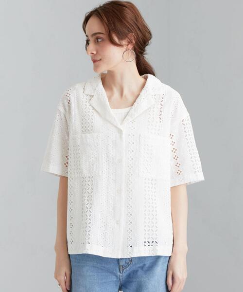 green label relaxing（グリーンレーベルリラクシング）の「SC オープンカラー ショートスリーブ レース シャツ（シャツ/ブラウス・レディース・ホワイト/ブラック・FREE）」の3枚目の写真