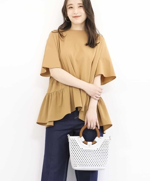 MK MICHEL KLEIN(エムケーミッシェルクラン)の「【2WAY】ウッドハンドルトートバッグ(トートバッグ・レディース・アイボリー/ネイビー/イエロー・00)」の1枚目の写真