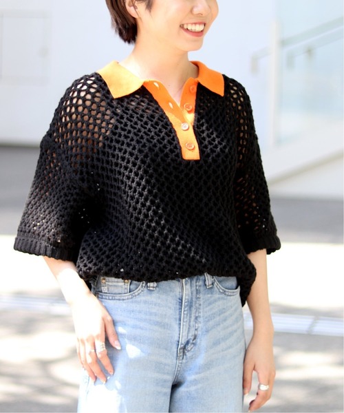 JOINT WORKS（ジョイントワークス）の「J-ビックメッシュニットポロ（ニット/セーター・レディース・ブラック/ホワイト・FREE）」の2枚目の写真